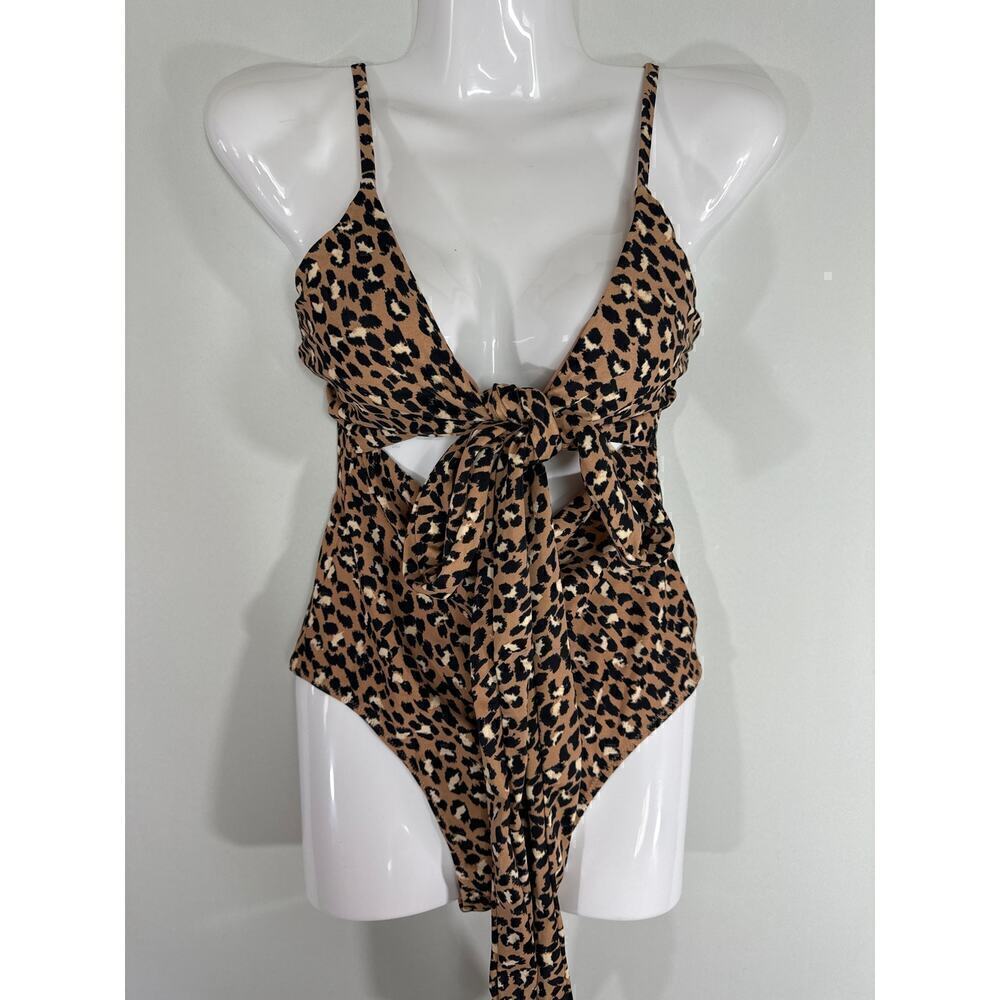 AERIE‎ SWIMWEAR Cut Out Self Tie Front Leopard Print One Piece Swimsuit SL NWOT